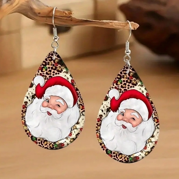 Whimsical Santa Claus Teardrop Wooden Drop Dangle Earrings - Picture 2 of 4